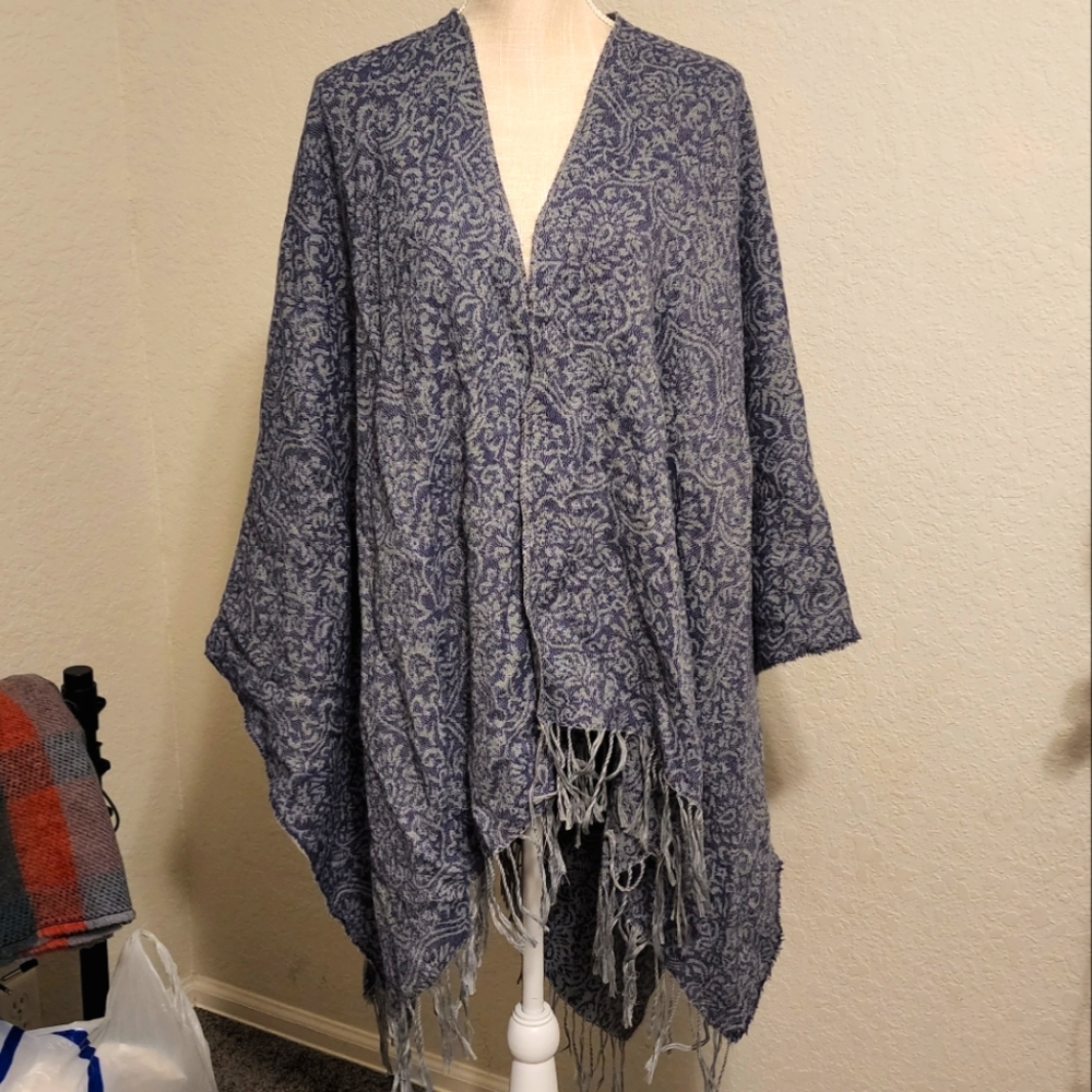 Open Front Cape Poncho Fringed Edge